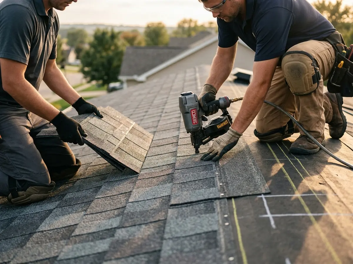 Professional roofer working on a residential roof in Ghent